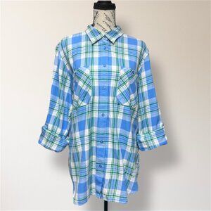 Lauren Ralph Lauren XXL Blue Green Cotton Plaid Button‎ Up Roll Tab Shirt Preppy